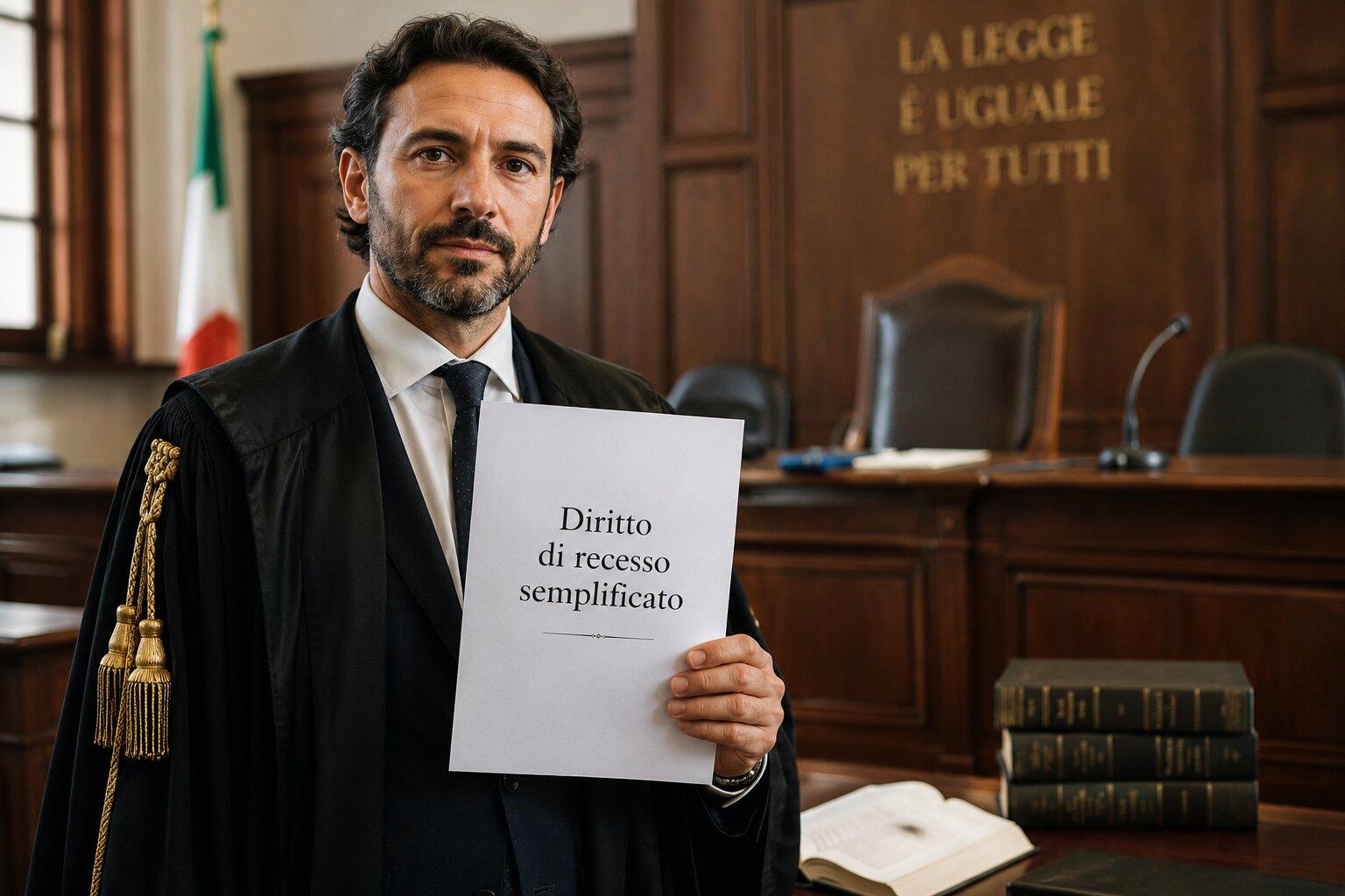 giudice in aula di tribunale che tiene in mano un foglio con scritto Diritto di recesso semplificato
