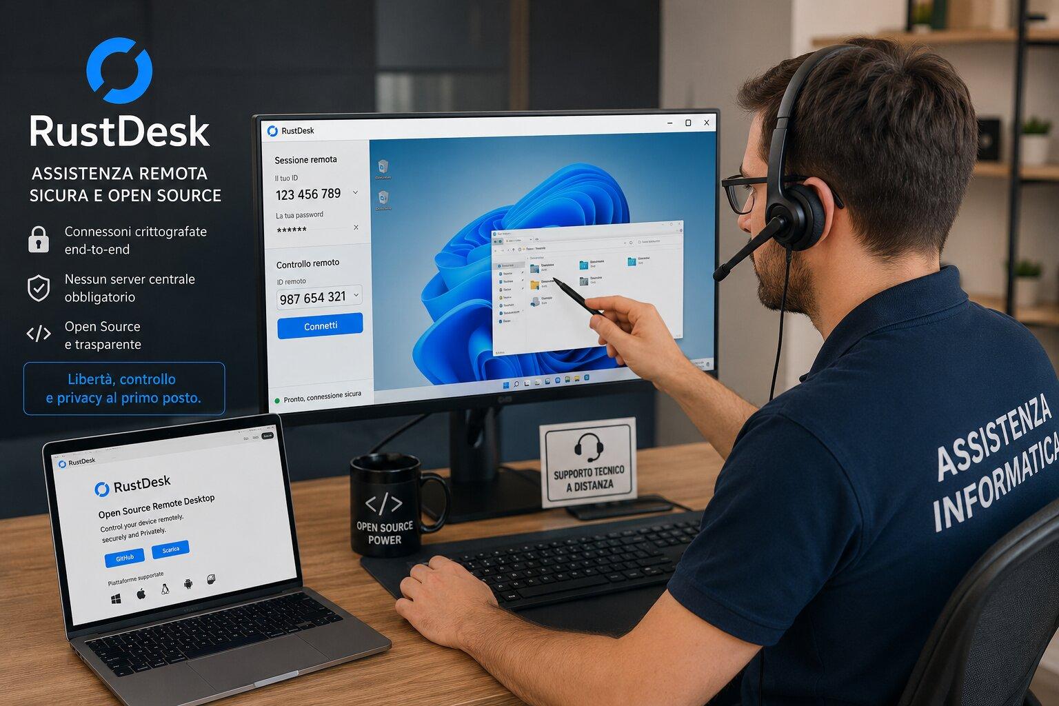 operatore con maglietta con scritta assistenza informatica che indica sul monitor del pc che ha davanti un dettaglio mentre fa assistenza remota