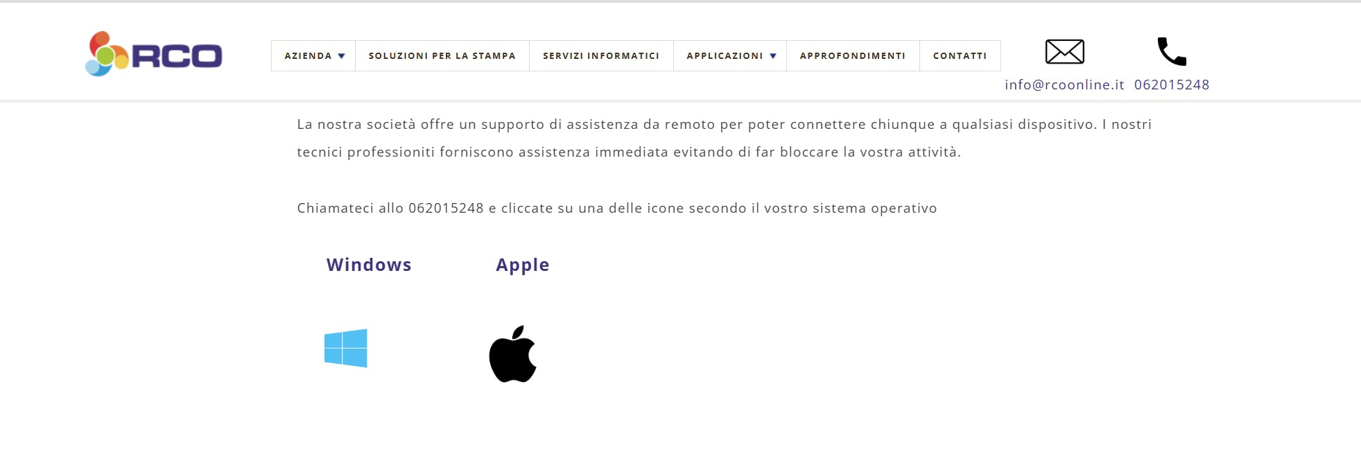 Avvio Anydesk in Sessione Remota con i tecnici Rco Pagina del sito RCO Online con le icone Windows e Apple per scaricare AnyDesk secondo il proprio sistema operativo