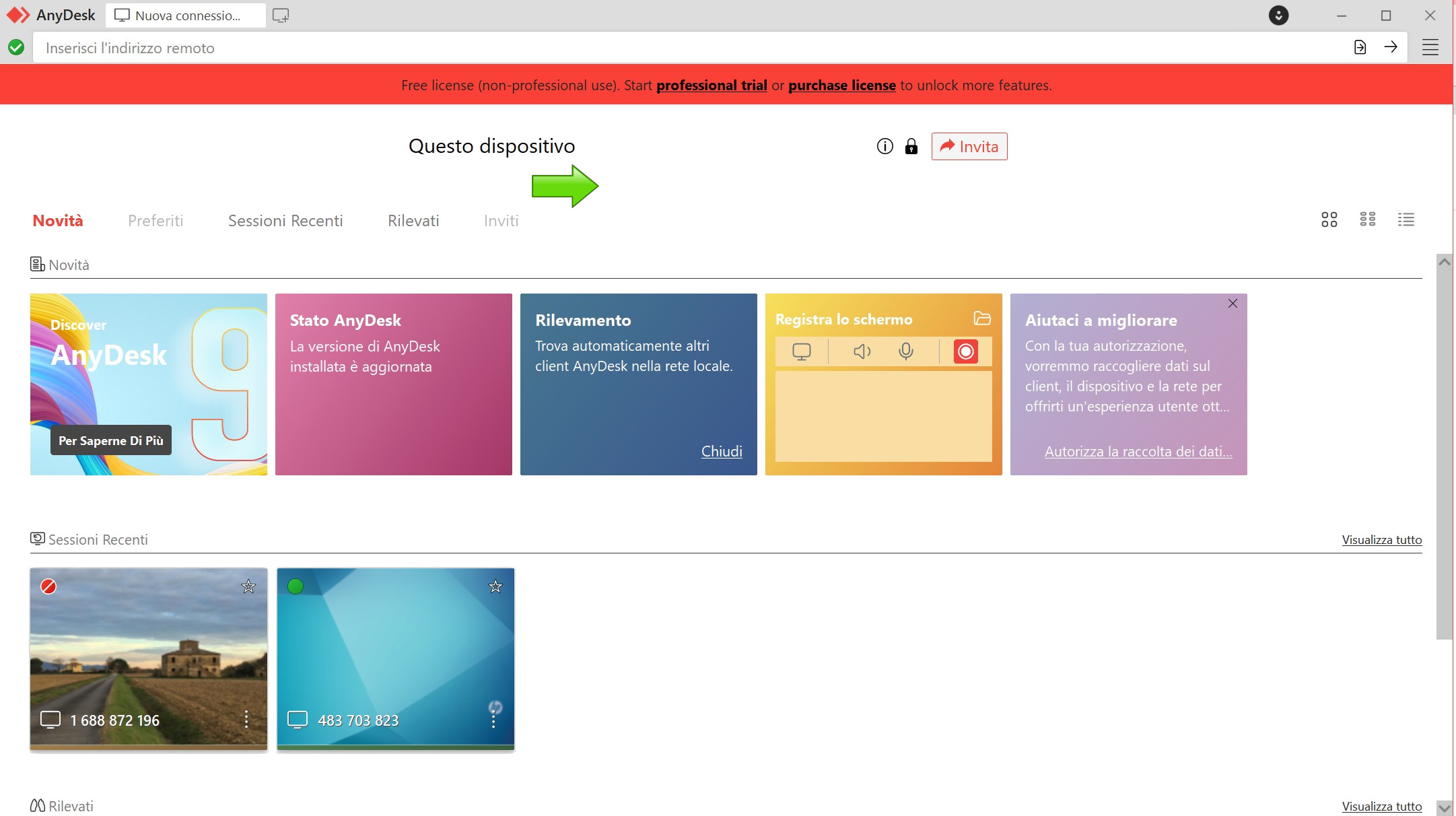 Come collegare il tuodispositino ad anydesk per una sessione d'assistenza remota RCO Schermata di AnyDesk con la sezione “Questo dispositivo” che mostra il numero identificativo da comunicare al tecnico per l’assistenza remota