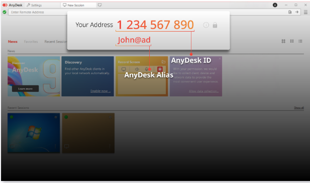 Come trovare ed inserire Anydesk ID per sessione remota anydesk Schermata di AnyDesk che mostra l’indirizzo utente con AnyDesk ID e Alias evidenziati nella finestra principale del software