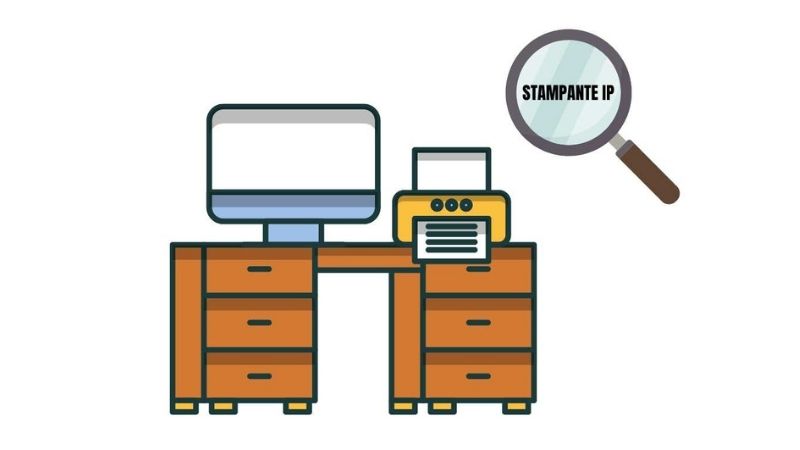 Illustrazione di un computer e una stampante con lente d’ingrandimento che evidenzia la dicitura “Stampante IP”