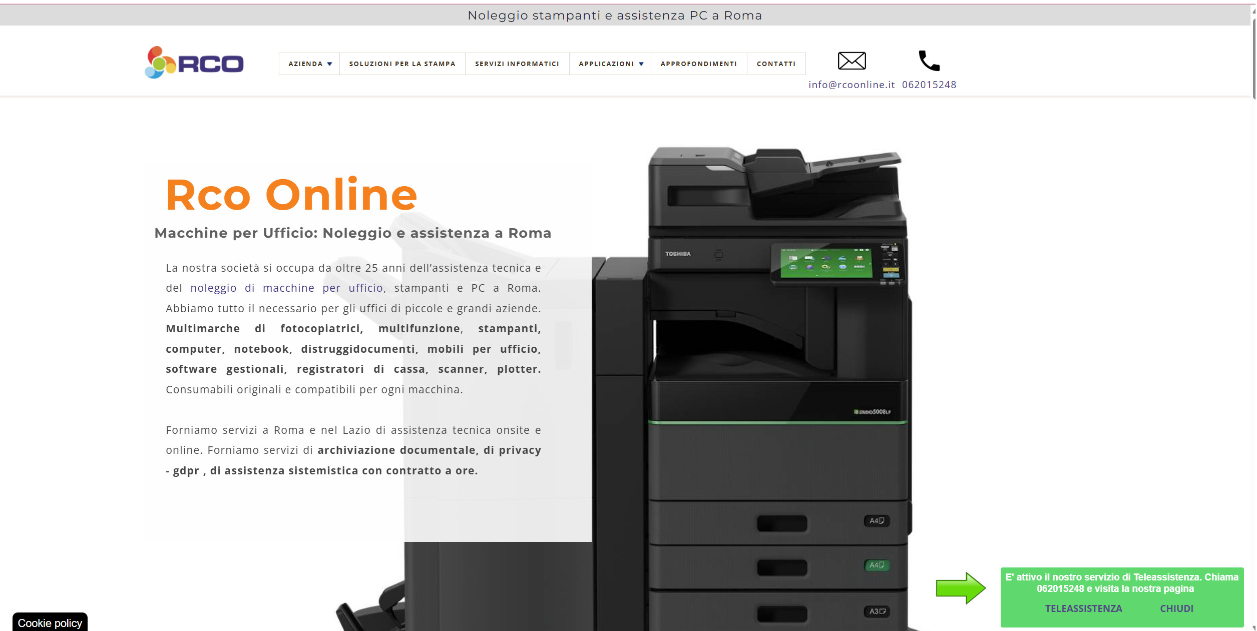 Come iniziare una sessione assistenza remota anydesk su RCO Schermata del sito RCO Online con pulsante verde per accedere al servizio di teleassistenza