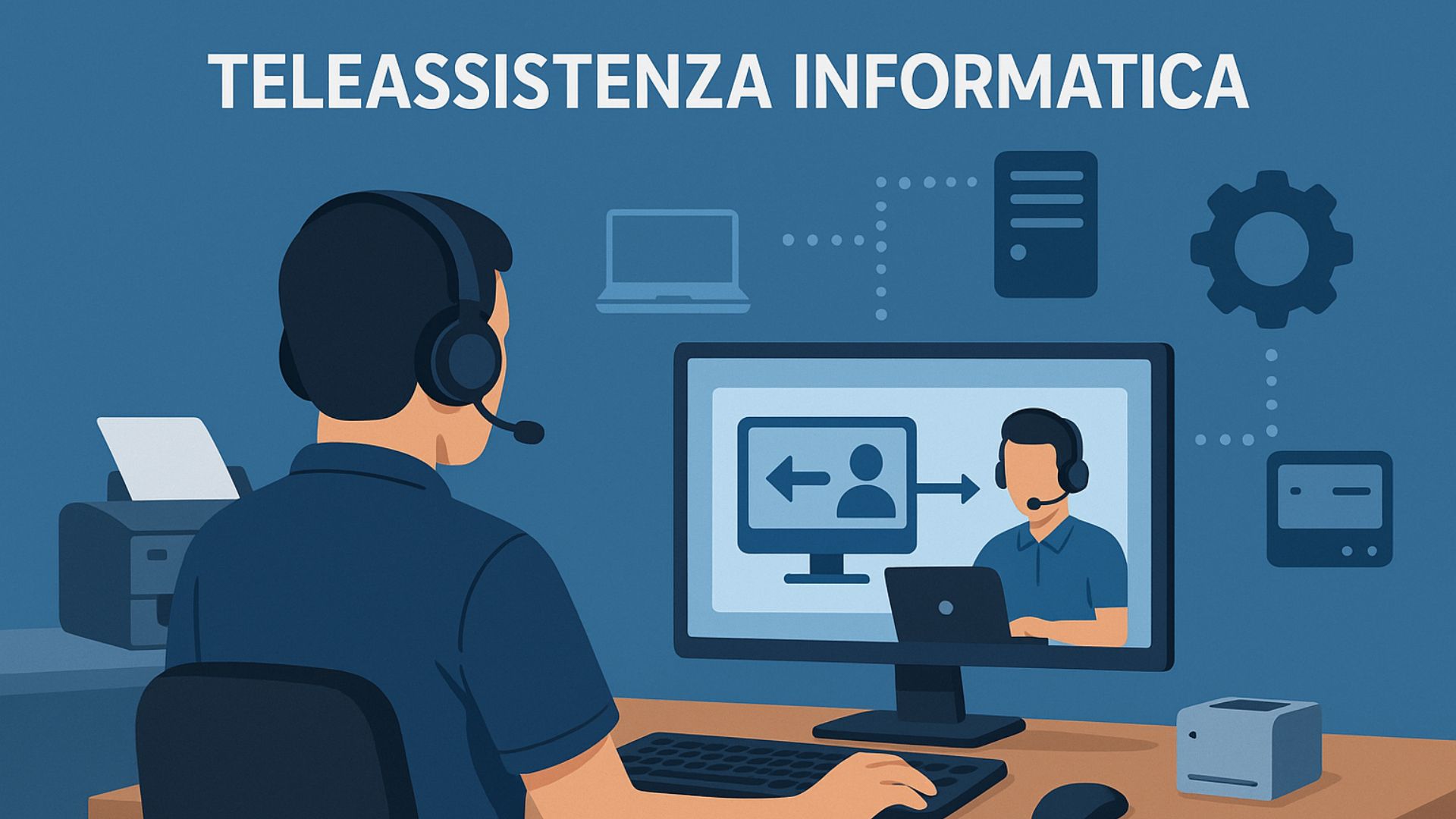 Illustrazione di un tecnico con cuffie che fornisce assistenza informatica da remoto tramite computer