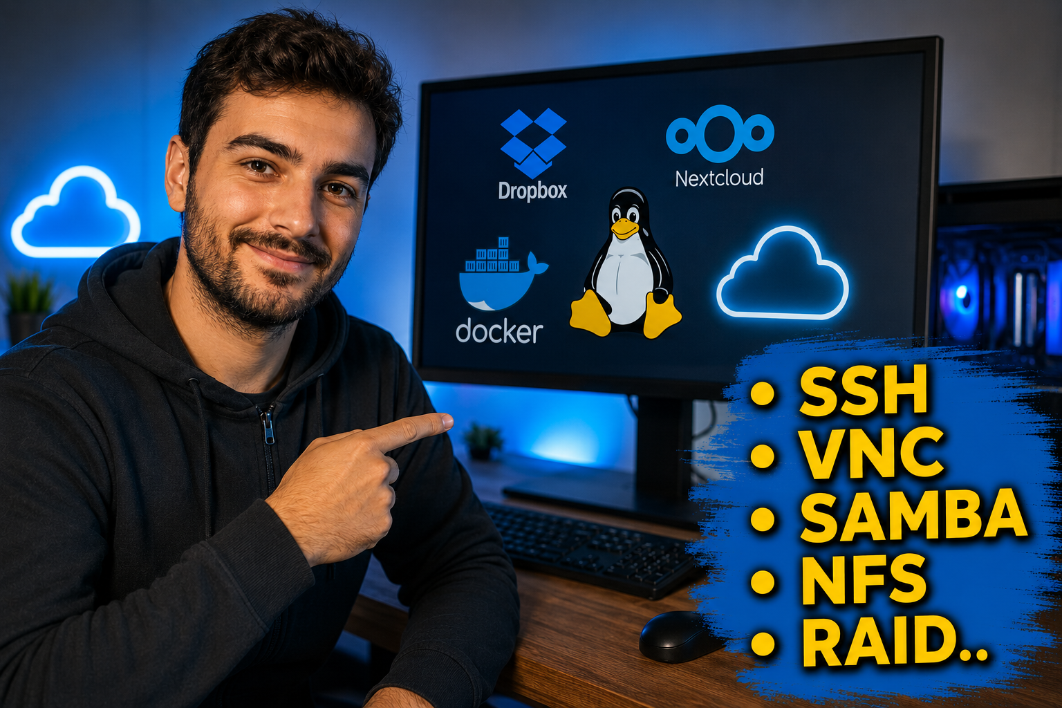 ragazzo che indica un monitor con raffigurato alcuni servizi cloud e linux